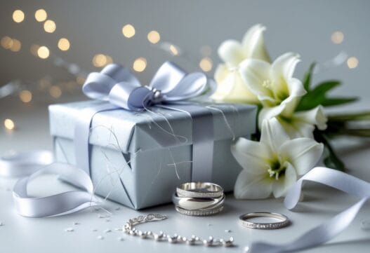 Illustration af gaver til sølvbryllup med romantiske elementer og elegant design.